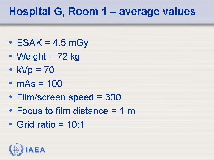Hospital G, Room 1 – average values • • ESAK = 4. 5 m.