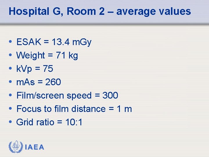 Hospital G, Room 2 – average values • • ESAK = 13. 4 m.