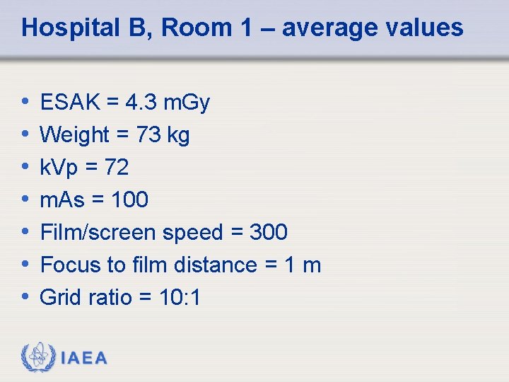 Hospital B, Room 1 – average values • • ESAK = 4. 3 m.