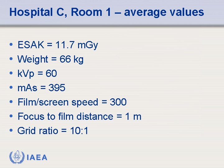 Hospital C, Room 1 – average values • • ESAK = 11. 7 m.