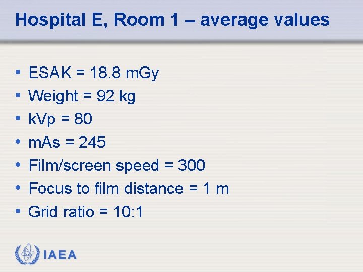 Hospital E, Room 1 – average values • • ESAK = 18. 8 m.