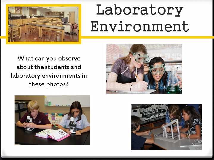 Laboratory Environment What can you observe about the students and laboratory environments in these