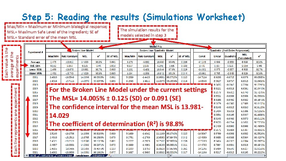 Step 5: Reading the results (Simulations Worksheet) Each line represents one experiment Each value