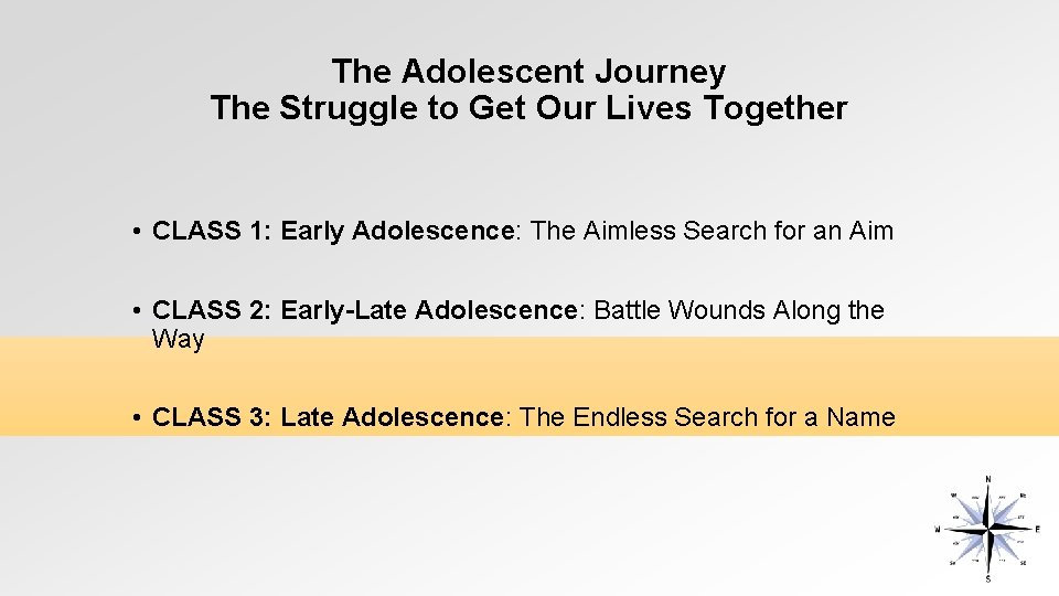 The Adolescent Journey The Struggle to Get Our Lives Together • CLASS 1: Early