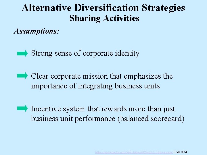 Alternative Diversification Strategies Sharing Activities Assumptions: Strong sense of corporate identity Clear corporate mission