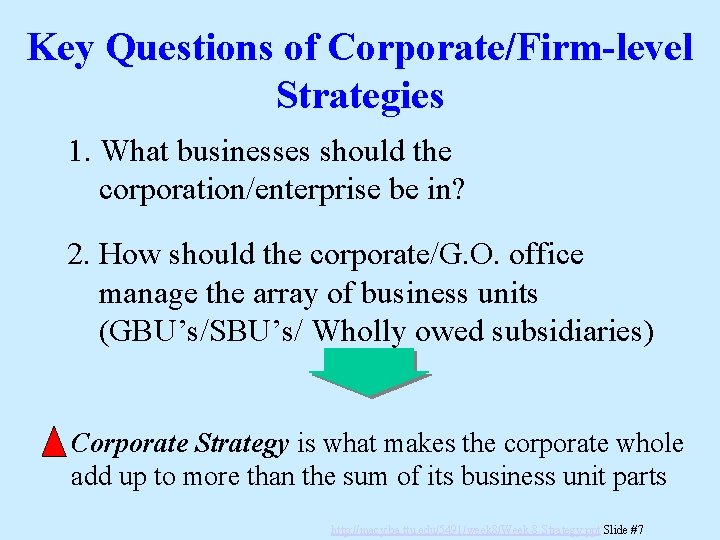 Key Questions of Corporate/Firm-level Strategies 1. What businesses should the corporation/enterprise be in? 2.
