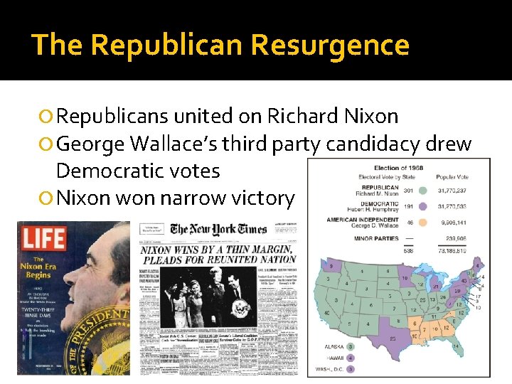 The Republican Resurgence Republicans united on Richard Nixon George Wallace’s third party candidacy drew