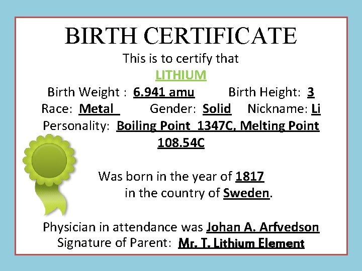 BIRTH CERTIFICATE This is to certify that LITHIUM Birth Weight : 6. 941 amu