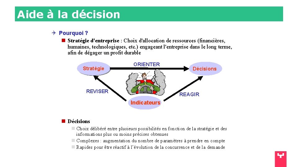 Aide à la décision Pourquoi ? Stratégie d'entreprise : Choix d'allocation de ressources (financières,