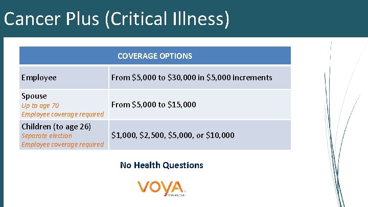 Cancer Plus (Critical Illness) COVERAGE OPTIONS Employee Spouse Up to age 70 Employee coverage