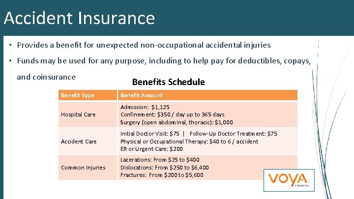 Accident Insurance • Provides a benefit for unexpected non-occupational accidental injuries • Funds may
