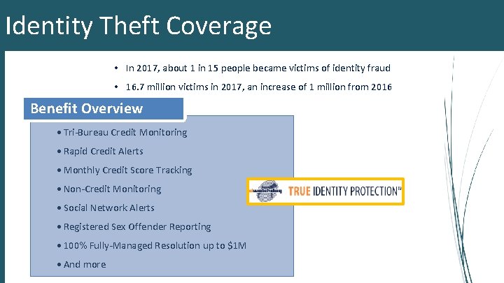 Identity Theft Coverage • In 2017, about 1 in 15 people became victims of