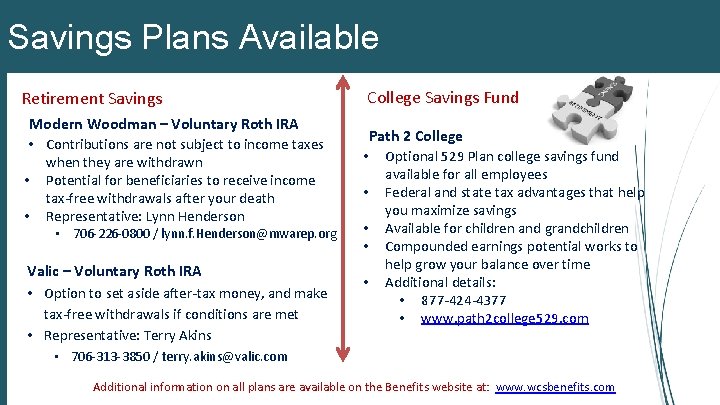 Savings Plans Available Retirement Savings Modern Woodman – Voluntary Roth IRA • Contributions are