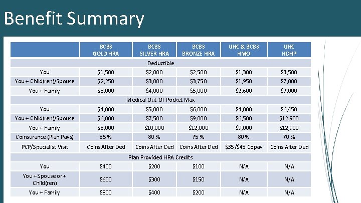 Benefit Summary BCBS GOLD HRA BCBS SILVER HRA BCBS BRONZE HRA UHC & BCBS