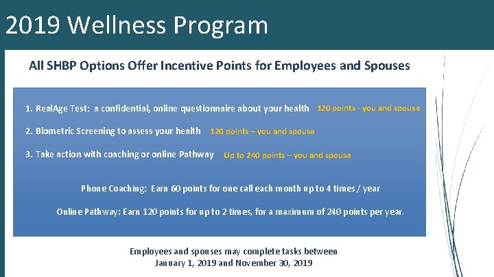 2019 Wellness Program All SHBP Options Offer Incentive Points for Employees and Spouses 1.