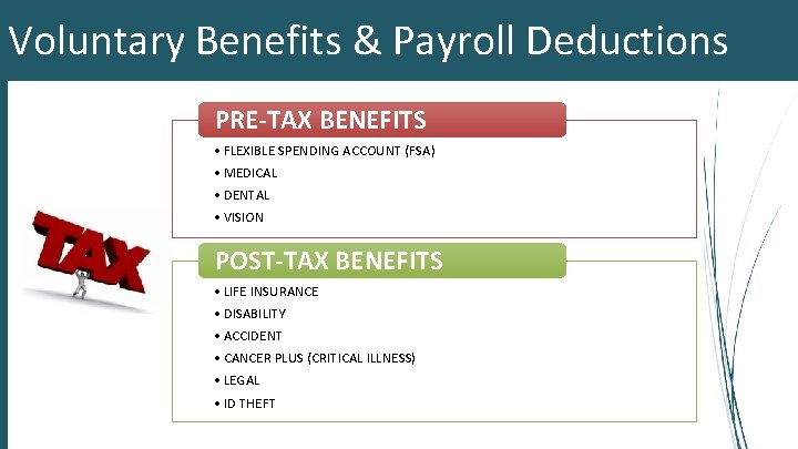 Voluntary Benefits & Payroll Deductions PRE-TAX BENEFITS • FLEXIBLE SPENDING ACCOUNT (FSA) • MEDICAL