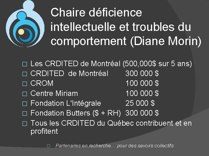 Chaire déficience intellectuelle et troubles du comportement (Diane Morin) � � � � Les