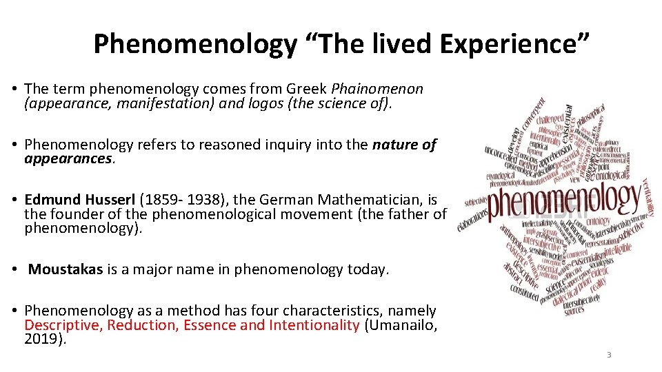 Phenomenology “The lived Experience” • The term phenomenology comes from Greek Phainomenon (appearance, manifestation)