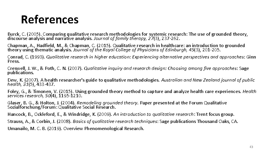 References Burck, C. (2005). Comparing qualitative research methodologies for systemic research: The use of References Burck, C. (2005). Comparing qualitative research methodologies for systemic research: The use of