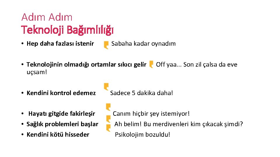Adım Teknoloji Bağımlılığı • Hep daha fazlası istenir Sabaha kadar oynadım • Teknolojinin olmadığı Adım Teknoloji Bağımlılığı • Hep daha fazlası istenir Sabaha kadar oynadım • Teknolojinin olmadığı