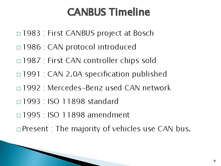 CANBUS Timeline � 1983 : First CANBUS project at Bosch � 1986 : CAN