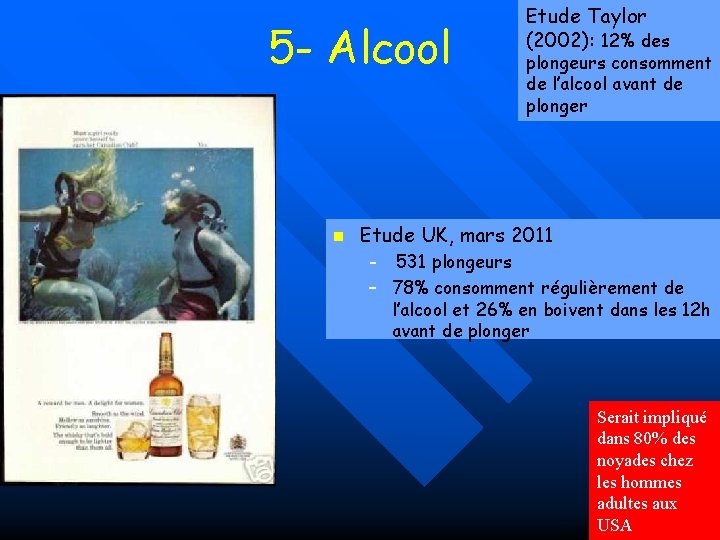 5 - Alcool n Etude Taylor (2002): 12% des plongeurs consomment de l’alcool avant