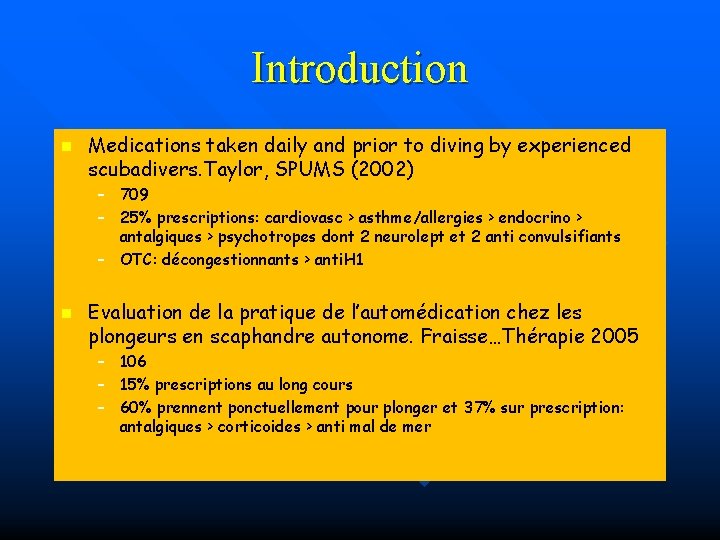 Introduction n Medications taken daily and prior to diving by experienced scubadivers. Taylor, SPUMS