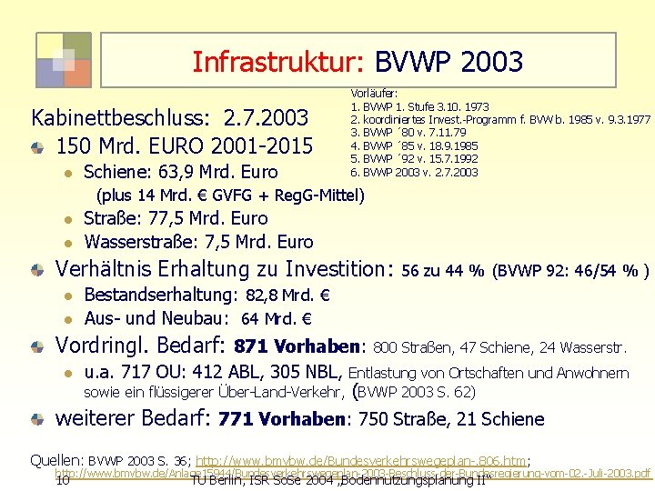 Infrastruktur: BVWP 2003 Kabinettbeschluss: 2. 7. 2003 150 Mrd. EURO 2001 -2015 l Schiene: