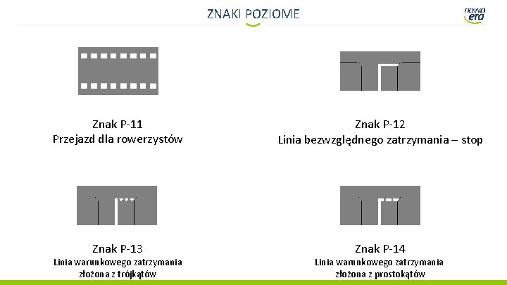 ZNAKI POZIOME Znak P-11 Przejazd dla rowerzystów Znak P-12 Linia bezwzględnego zatrzymania – stop