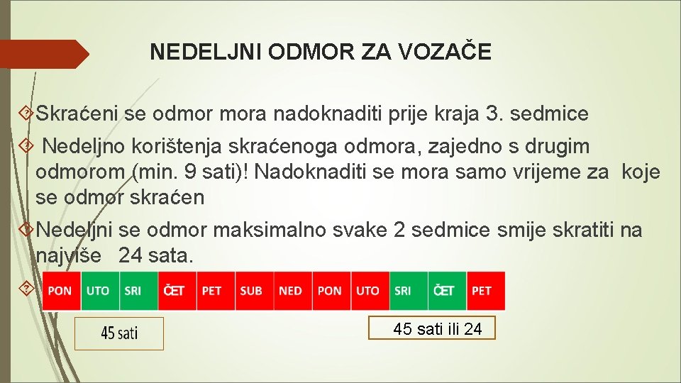 NEDELJNI ODMOR ZA VOZAČE Skraćeni se odmor mora nadoknaditi prije kraja 3. sedmice Nedeljno