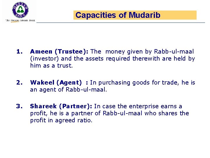 Capacities of Mudarib 1. Ameen (Trustee): The money given by Rabb-ul-maal (investor) and the