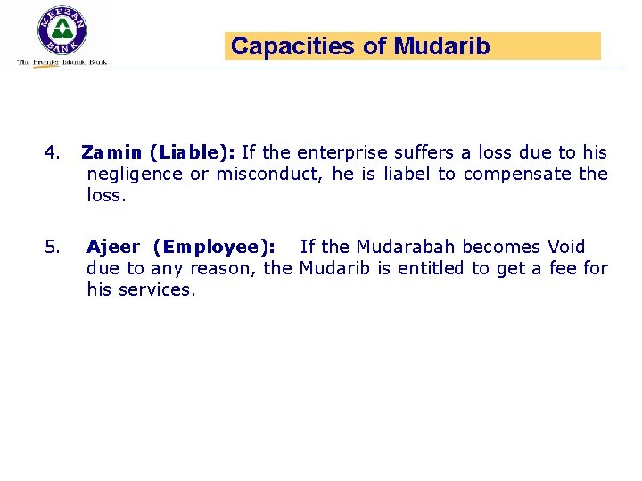 Capacities of Mudarib 4. Zamin (Liable): If the enterprise suffers a loss due to