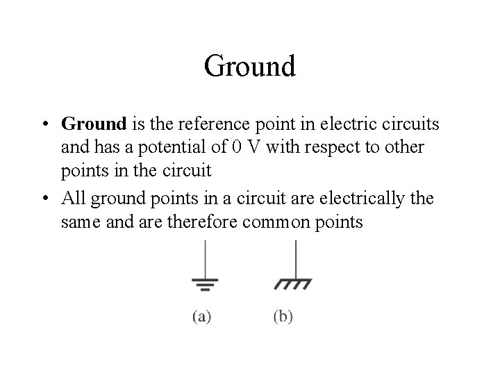 Ground • Ground is the reference point in electric circuits and has a potential