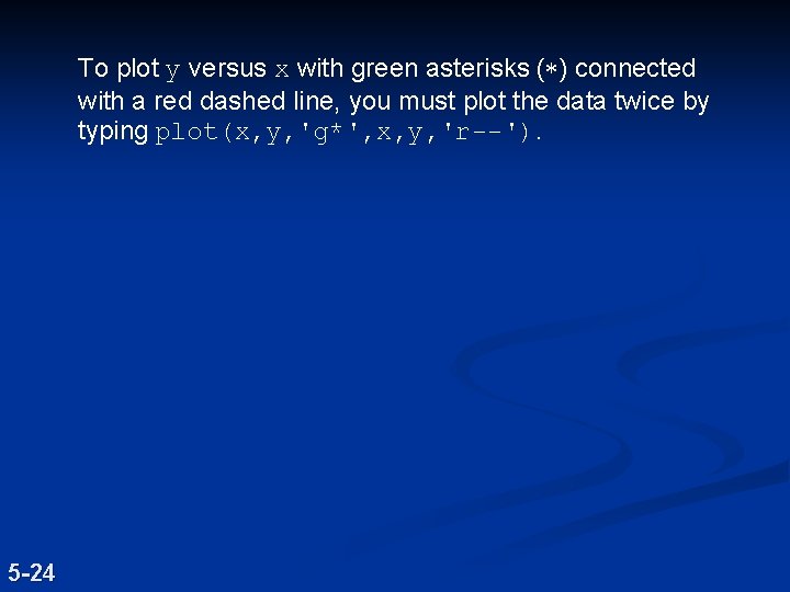 To plot y versus x with green asterisks (*) connected with a red dashed