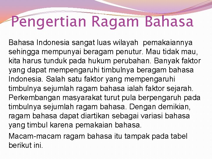 Pengertian Ragam Bahasa Indonesia sangat luas wilayah pemakaiannya sehingga mempunyai beragam penutur. Mau tidak