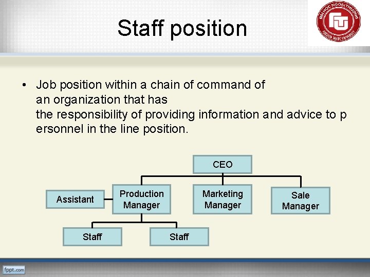 Staff position • Job position within a chain of command of an organization that