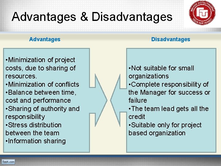 Advantages & Disadvantages Advantages • Minimization of project costs, due to sharing of resources.