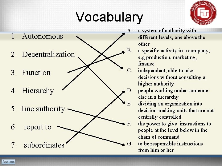 Vocabulary 1. Autonomous 2. Decentralization 3. Function 4. Hierarchy 5. line authority 6. report