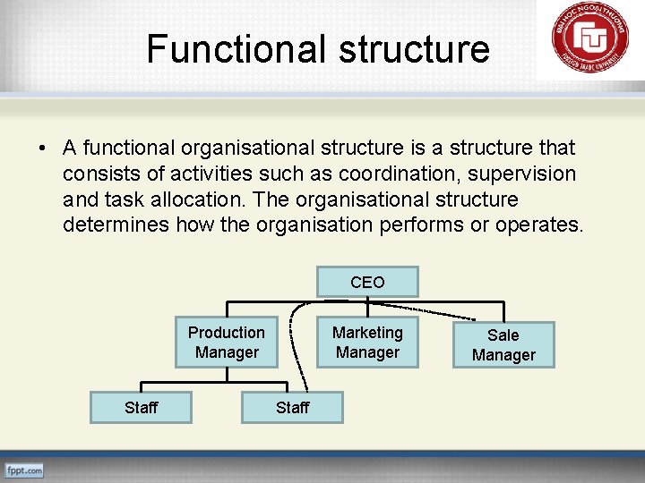 Functional structure • A functional organisational structure is a structure that consists of activities