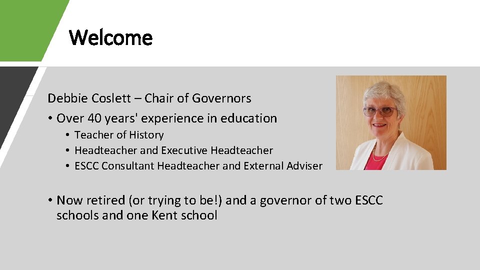 Welcome Debbie Coslett – Chair of Governors • Over 40 years' experience in education