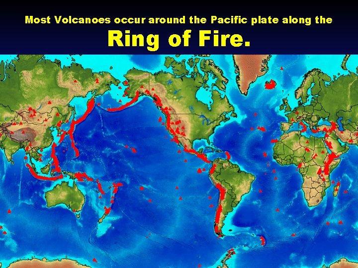 Most Volcanoes occur around the Pacific plate along the Ring of Fire. 