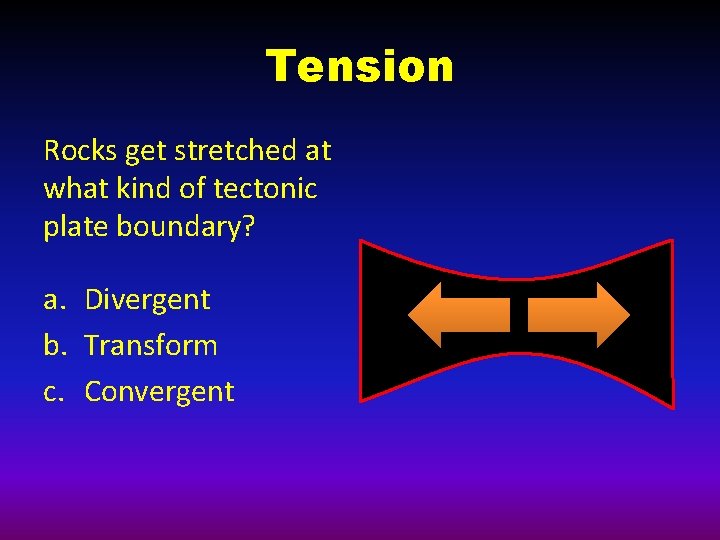 Tension Rocks get stretched at what kind of tectonic plate boundary? a. Divergent b.