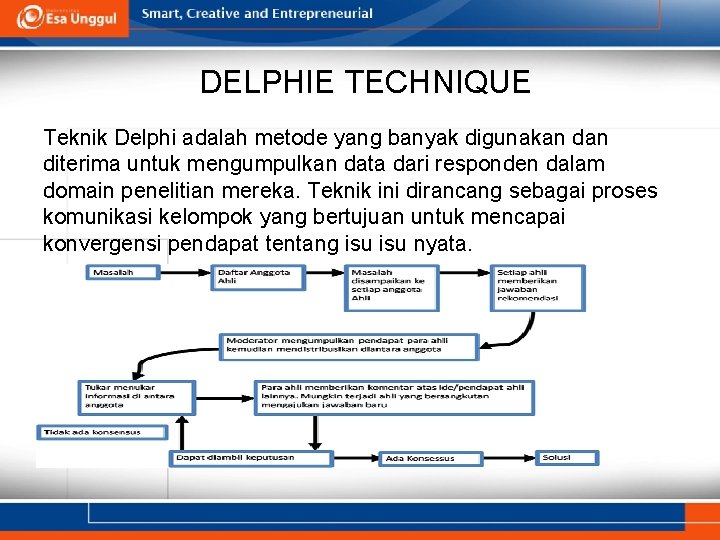 DELPHIE TECHNIQUE Teknik Delphi adalah metode yang banyak digunakan diterima untuk mengumpulkan data dari