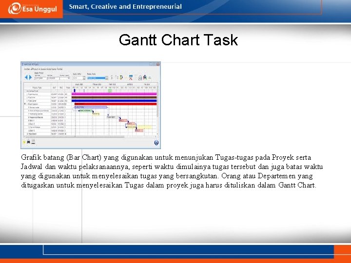 Gantt Chart Task Gantt Chart adalah sejenis gr Grafik batang (Bar Chart) yang digunakan