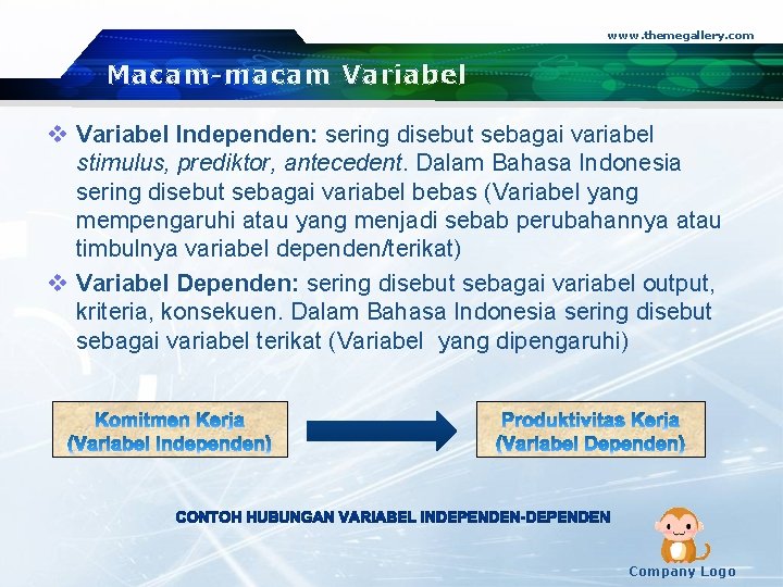 www. themegallery. com Macam-macam Variabel v Variabel Independen: sering disebut sebagai variabel stimulus, prediktor,