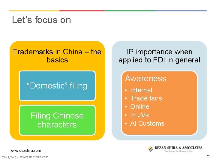 Let’s focus on Trademarks in China – the basics “Domestic” filing Filing Chinese characters