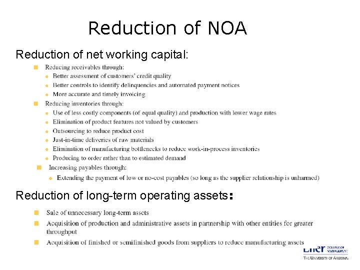 Reduction of NOA Reduction of net working capital: Reduction of long-term operating assets: 