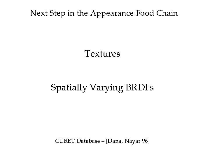 Next Step in the Appearance Food Chain Textures Spatially Varying BRDFs CURET Database –