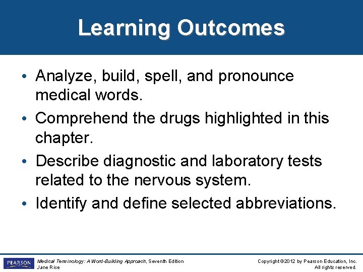 Learning Outcomes • Analyze, build, spell, and pronounce medical words. • Comprehend the drugs Learning Outcomes • Analyze, build, spell, and pronounce medical words. • Comprehend the drugs