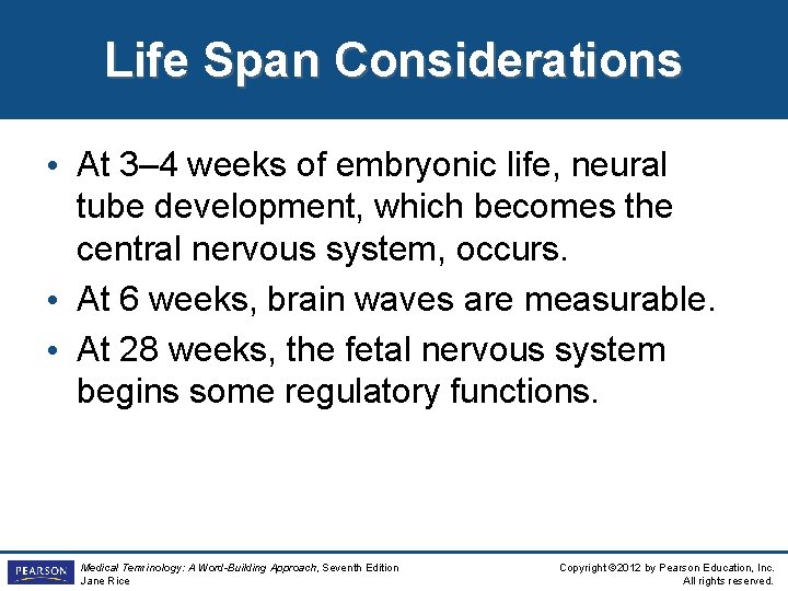 Life Span Considerations • At 3– 4 weeks of embryonic life, neural tube development,